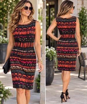 Connected Apparel Size 12 Black Orange Abstract Geometric Sheath Dress Stretch